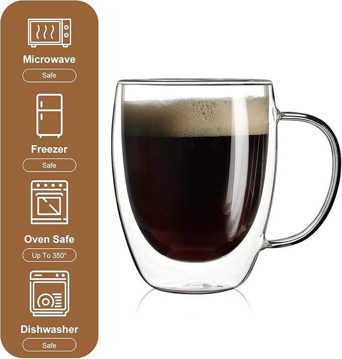 Aurzen 4 Pack Double Walled Glass Coffee Mugs with Handles, Large Insulated Layer Coffee Cups, Clear Borosilicate Mugs, Perfect for Cappuccino, Tea, Microwave Safe (12oz-4Pack) - Bloomnest