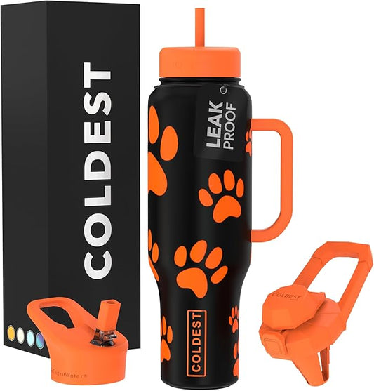Coldest Tumbler with Handle and Straw, 100% Leak Proof Insulated Tumbler with Lid and Straw (3 Lids), Stainless Steel Tumblers for Women & Men, Cup Holder Friendly Base, 46 oz (Pumkin Paws) - Bloomnest