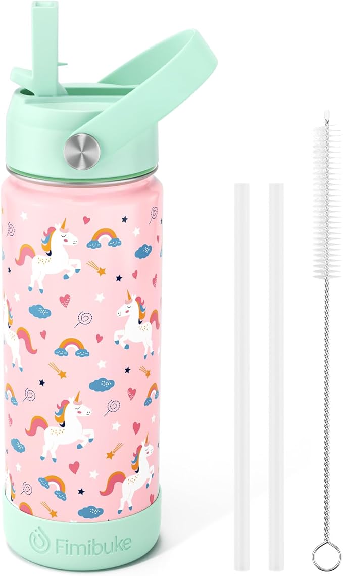 Fimibuke Kids Insulated Water Bottle, 18oz BPA FREE 18/8 Stainless Steel Kids Cup with Straw Travel Tumbler Double Wall Vacuum Leak Proof Toddler Water Bottle for School Boys Girls(1 Pack, Unicorn) - Bloomnest