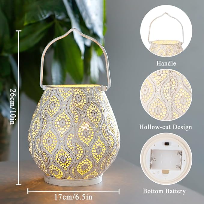 TRIROCKS Set of 2 Moroccan Decorative Lamps 8'' High Battery Powered Cordless Lamp Metal Table Lamps with Fairy Lights Bulb for Home Living Room Garden Yard Party Events Tabletop Indoor Outdoor(White) - Bloomnest