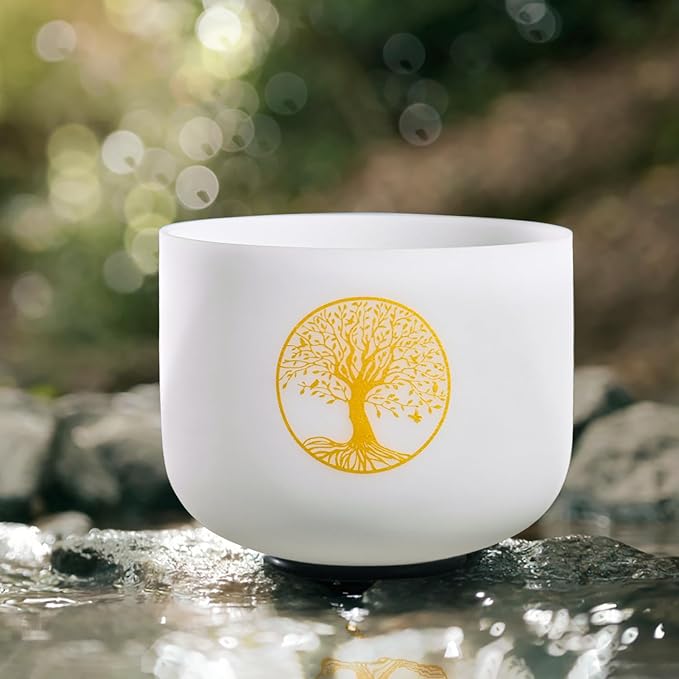432HZ 8 Inch F Note Heart Chakra Crystal Singing Bowl Sound Healing, Frosted Quartz Crystal Tree of Life Sound Bowl, Sude and O-ring For Sound Healing Meditation - Bloomnest