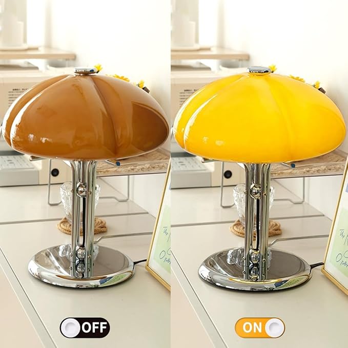Mushroom Table Lamp with Caramel Lampshade,Art Deco Glass Desk Light with Chrome Base,Dimmable Small Nightstand Lamp,Mid Century Table Light for Living Room Bedroom - Bloomnest