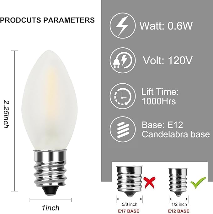 25 Pack C7 Frosted White Replacement Bulbs, Christmas Frosted White LED Light Bulbs Vintage Light Bulbs for Christmas Indoor Outdoor String Lights, E12/C7 Candelabra Base, 0.6 Watt - Bloomnest