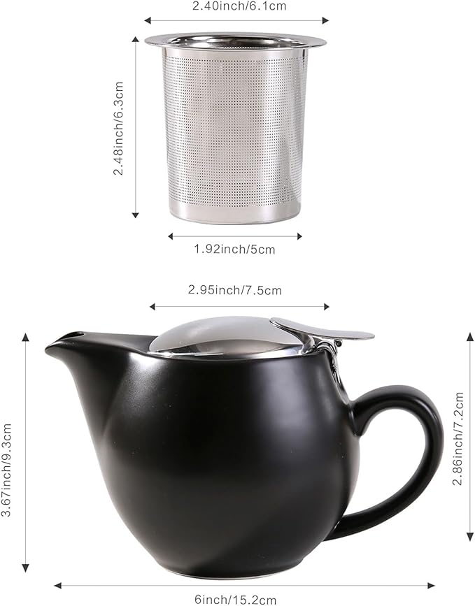 Small Ceramic Teapot With Stainless Steel Infuser, Heat Resistant, Perfect Tea Maker, Black, 350ml/12.0oz
