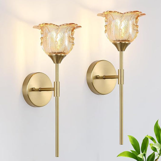 Gold Wall Sconce Set of 2 with Amber Glass Shades, Modern Mid Century Bathroom Vanity, Wall Light Fixtures Industrial, Brushed Brass Wall Lamp, for Bedroom Mirror Living Room Restaurant - Bloomnest
