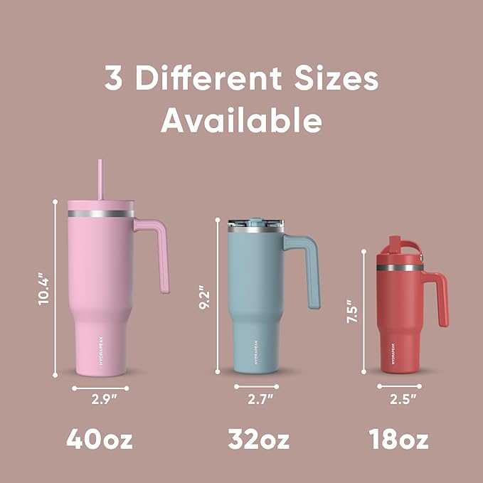 Hydrapeak Voyager 40 Oz Stainless Steel Tumbler with Handle, Insulated Water Bottle With Straw & Lid, Cupholder Friendly Reusable Travel Mug (Peony) - Bloomnest