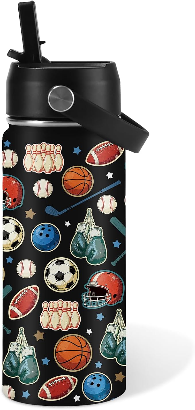 Sports Gifts for Kids - 16 Oz Water Bottle with Straw Lid, Stainless Steel Insulated Tumbler, Leak Proof, BPA-Free, for Boys Girls, School, Travel - Sports Lovers Children Birthday Gifts Cups (1pc) - Bloomnest