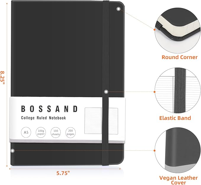 BOSSAND Lined Journal Notebooks, 6 Pack A5 Journals for Writing, 200 Pages 100 GSM Thick College Ruled Paper, Hardcover, 8.25 inches x 5.75 inches, Black - Bloomnest