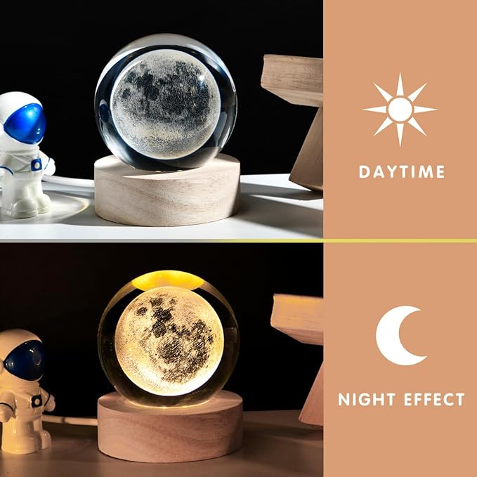 3D Moon Crystal Ball with LED Stand, Moon Figurine Decor Glass Sphere Lamp, Space Planet Globe Night Light Gifts for Women Men Mom Kids - Bloomnest