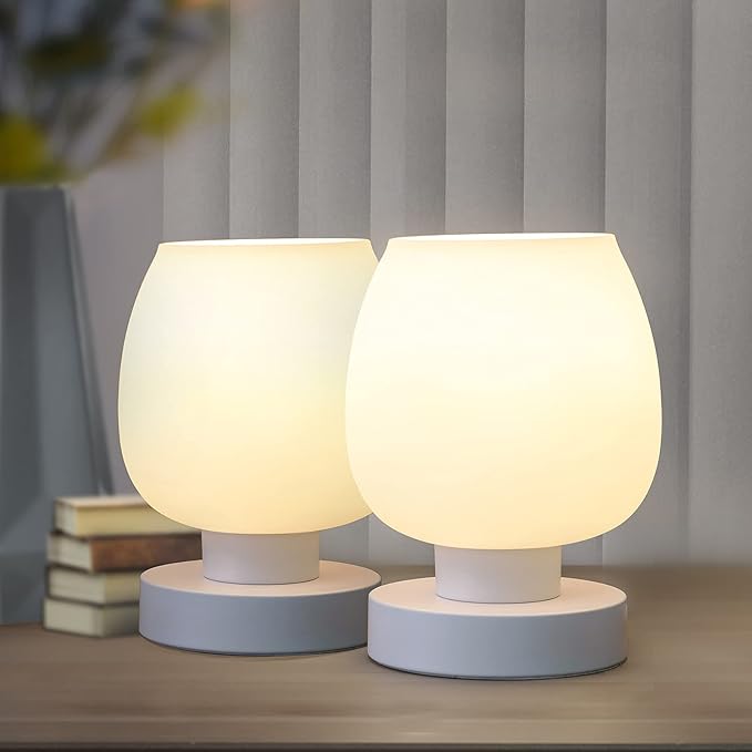 Touch Bedside Table Lamp Set of 2 - Small Modern Table Lamp for Bedroom Living Room Nightstand, 3-Way Dimable Desk lamp with White Opal Glass Lamp Shade, 2700K LED Bulb, Simple Design Home Decor - Bloomnest