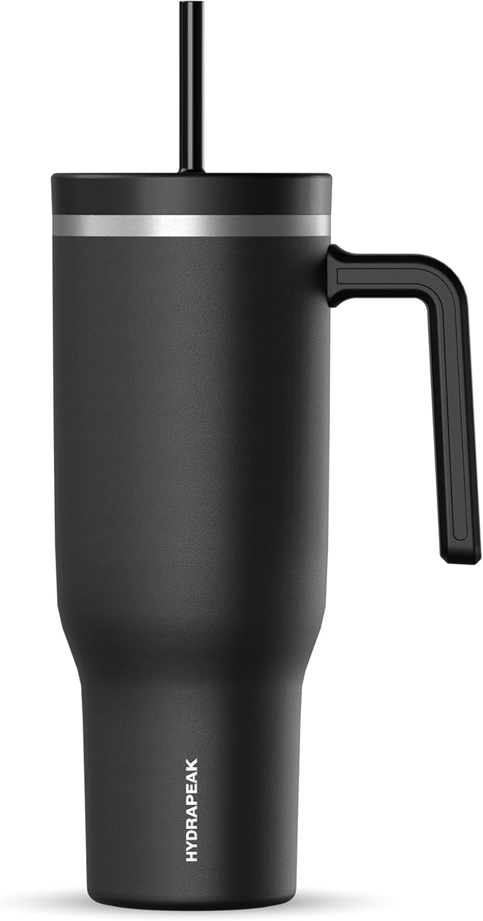 Hydrapeak Voyager 40 Oz Stainless Steel Tumbler with Handle, Insulated Water Bottle With Straw & Lid, Cupholder Friendly Reusable Travel Mug (Black) - Bloomnest