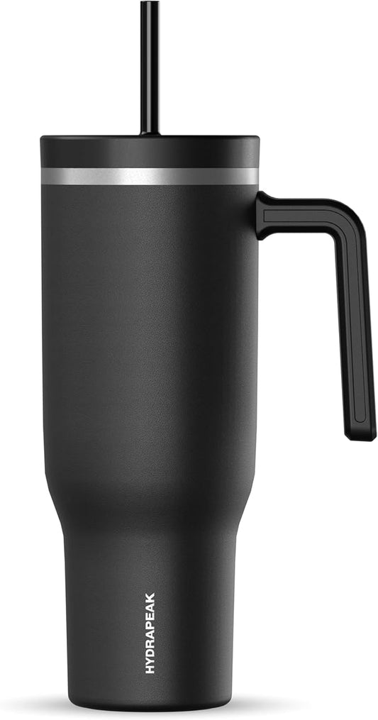 Hydrapeak Voyager 40 Oz Stainless Steel Tumbler with Handle, Insulated Water Bottle With Straw & Lid, Cupholder Friendly Reusable Travel Mug (Black) - Bloomnest