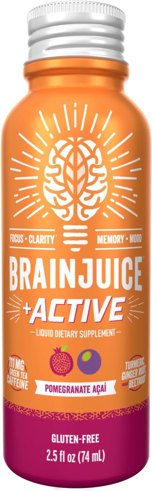 BrainJuice Active Focus & Energy Drink Shots, Supports Endurance, Recovery & Clarity, Non-GMO, Gluten Free, Nootropics, Alpha GPC, B Vitamins & Organic Green Tea, Pomegranate Acai, 2.5 fl oz, 12 Pack - Bloomnest