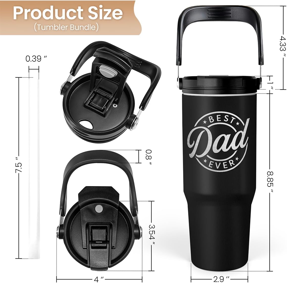 Best Dad Ever Tumbler 30oz, Stainless Steel Insulated Tumblers Travel Cup with Carry Handle & Flip Straw Lid, Gifts for Dad from Daughter Son, Dads Gift for Birthday Christmas Fathers Day