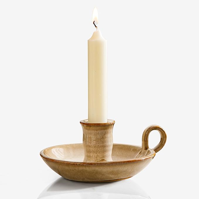 Candlestick Holder, Vintage Ceramic Candle Holder for Taper Candles, Spell Candles, and Incense, Farmhouse Candlelight Stand with Handle for Home, Dining Table, Halloween, Christmas Decor - Bloomnest