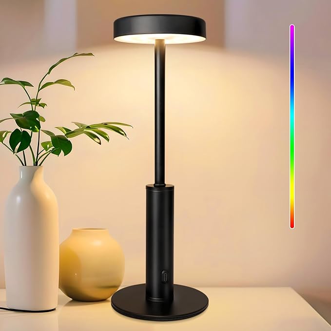 Small Cordless Table Lamps Rechargeable,5000mAh Battery Operated Portable Desk Lamp,3 Colors & RGB Stepless Dimmable Wireless Touch Lamps for Restaurant Home Dinner Dining Patio(Black) - Bloomnest