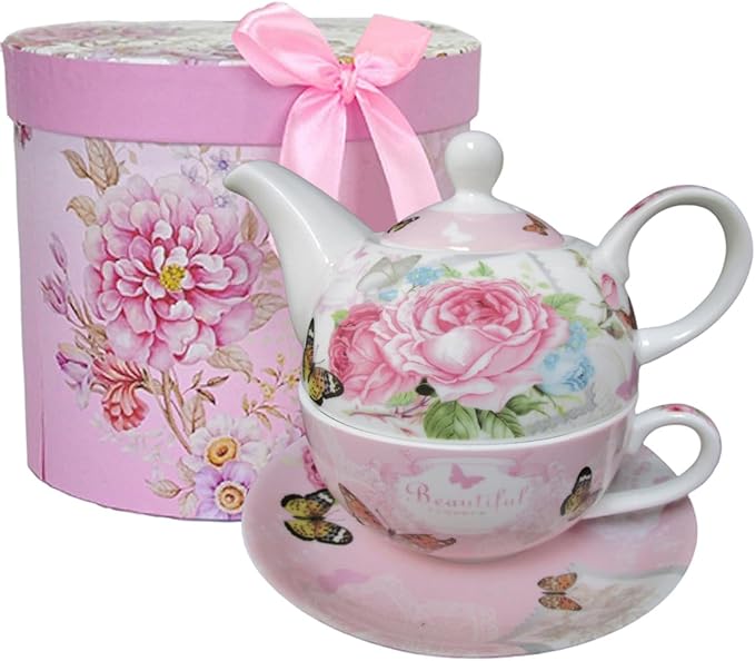 ONEUSTAR Tea for One Set Ceramic Floral Teapot and Cup Saucer Set for Women Afternoon Tea Mother's Day Gift in Reusable Gift Box, Pink Rose Flower - Bloomnest