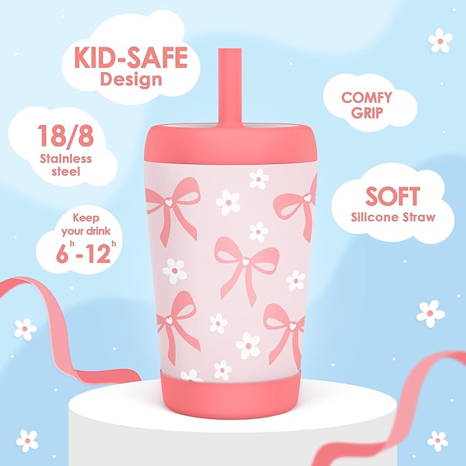Kid Insulated Stainless Steel Tumbler with Silicone Straw, 12oz Sippy Cup for Kids (Pink Bows) - Bloomnest