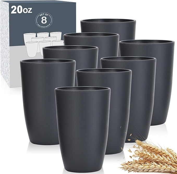 Wheat Straw Cups 8 PCS Good Alternative to Plastic Reusable Cups 20 oz Unbreakable Drinking Cup Reusable Dishwasher Safe Water Plastic Glasses Deep Gray - Bloomnest