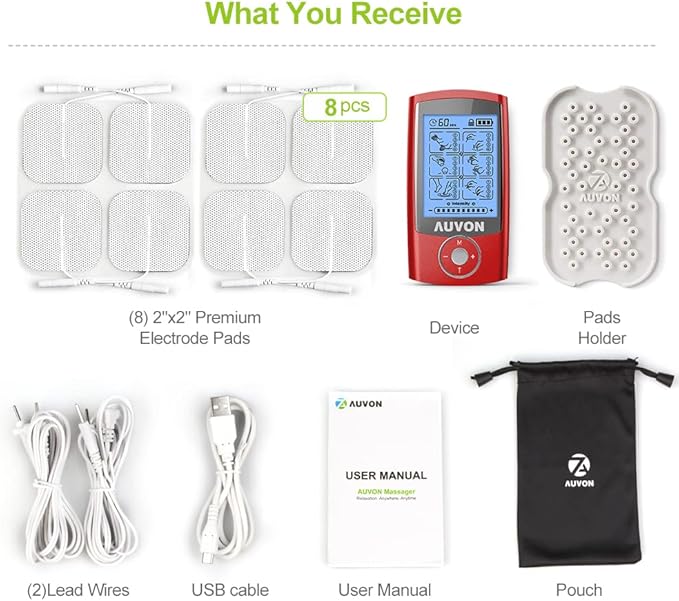 AUVON Rechargeable TENS Unit Muscle Stimulator, 24 Modes 4th Gen TENS Machine with 8pcs 2"x2" Premium Electrode Pads for Pain Relief AUVON