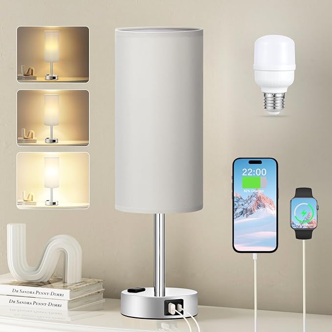 Fenmzee Light Grey Table Lamp for Nightstand - 3 Way Dimmable Touch Bedside Lamp USB C and A Charging Ports and AC Outlet, Small Desk Lamp with Silver Base for Office Nursery, LED Bulb Included - Bloomnest
