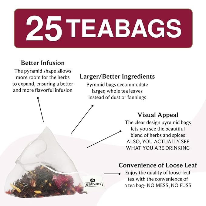 BREWIX, Hibiscus Lychee Tea Bags (25 Plant Based Tea Bags) Caffeine-Free, Made with Real - Hibiscus Flowers, Black Tea, Rosehip, Apple, Licorice, Rose | Contains Antioxidants & Support Overall Health - Bloomnest