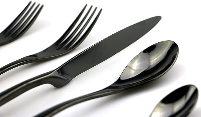JASHII 18/10 Stainless Steel 20 Piece Mirror Polished Black Flatware Set,Dinner Knife Fork Salad Fork Dessert Spoon Coffee Spoon，Service for 4 ，Black Utensil Sets - Bloomnest