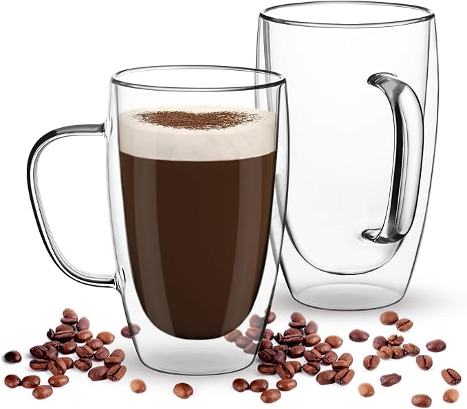 Espresso Cups Set Of 2 15 Oz, Double Walled Glass Coffee Mugs with Handle,Insulated Layer Coffee Cups,Clear Borosilicate Glass Mugs,Perfect for Cappuccino,Tea,Latte,Espresso,Hot Beverage,Wine - Bloomnest