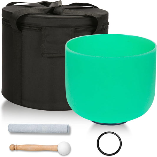 432HZ 8 Inchs F Note Green Frosted Crystal Singing Bowl for Meditation Healing Yoga Chakra Quartz Crystal Sound Bowls with Heavy Duty Carry Case and Rubber Mallet,Suede Striker,O-rings