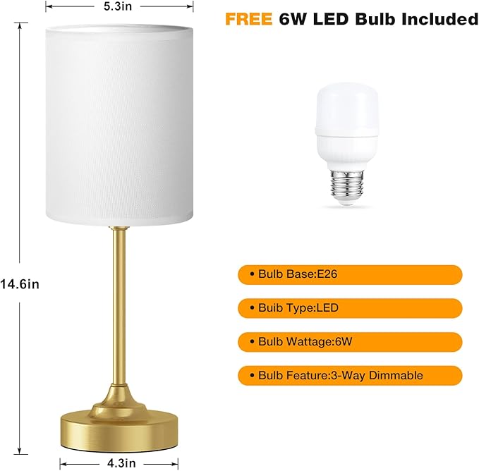 Touch Bedside Table Lamps for Bedroom - 3 Way Dimmable Gold Nightstand Lamp, Small Desk Lamp for Office, Living Room, Dorm Room, Reading - Bloomnest