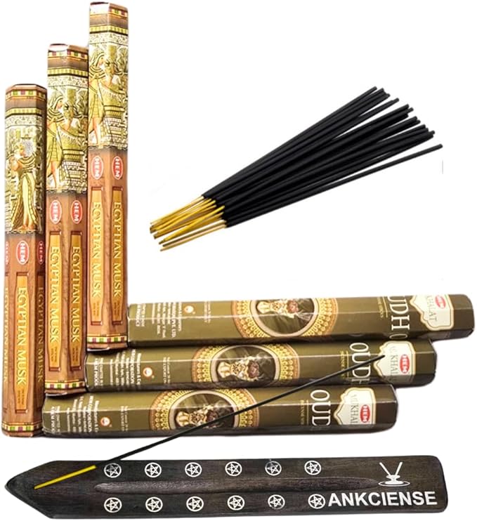 Sandalwood & Vanilla Incense from Hem Bundled with ANKCIENSE Incense Holder Bundle, Variety Pack of 120 Sticks (Egyptian Musk & M Oudh) ANKCIENSE