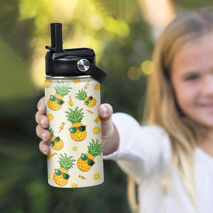 Kids Water Bottle Pineapple Water Bottles 12oz with Straw Insulated Stainless Steel Travel School Tumbler Double Wall Vacuum Cup for Girls Kid Boys - Bloomnest