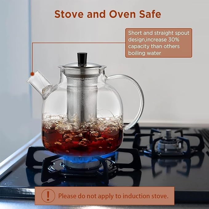 1500ml(50oz) Glass Teapot with Removable Infuser, Ehugos Stovetop Safe Large Tea Pot, Blooming and Loose Leaf Hand Crafted Kettle for Women and Adult with Stainless Infuser - Bloomnest