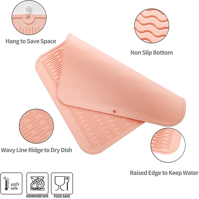 Silicone Dish Drying Mat for Multiple Usage,Easy clean,Eco-friendly,Heat-resistant Silicone Mat for Kitchen Counter or Sink,Refrigerator or Drawer Liner Pink 2XL 24 inches x 18 inches - Bloomnest