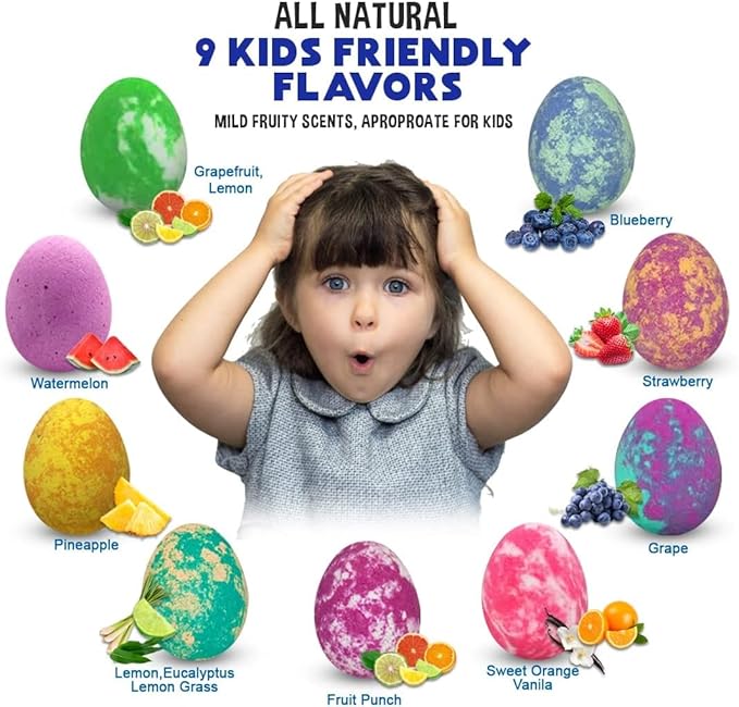 Bath Bombs for Kids with Surprise Toys Inside Plus Dinosaur Puzzle - Set of 9 Organic Dino Egg Bath Bombs with Rich Bubbles, Stocking Stuffers Christmas Gifts for Kids - Bloomnest