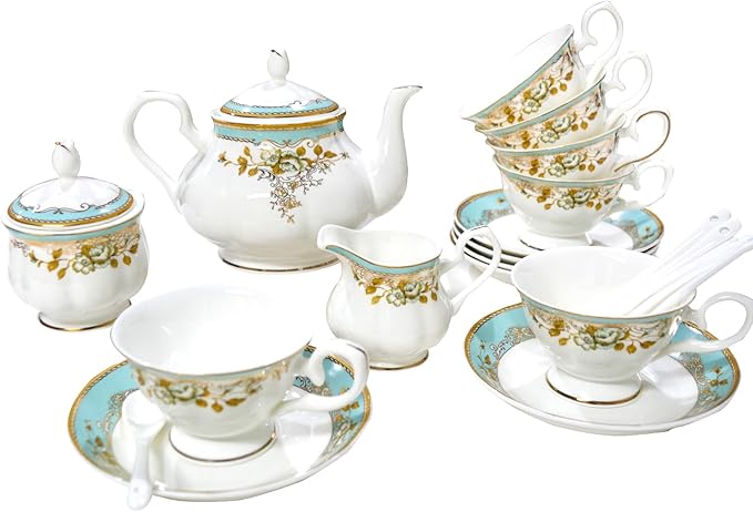 Bone China Tea Set, 21-Pieces Porcelain Tea Set for Adults, Tea Cups And Saucers for 6, with Teapot, Spoons, Sugar Bowl, Creamer Pitcher, Vintage Tea Set for Women Tea Party (Green) - Bloomnest