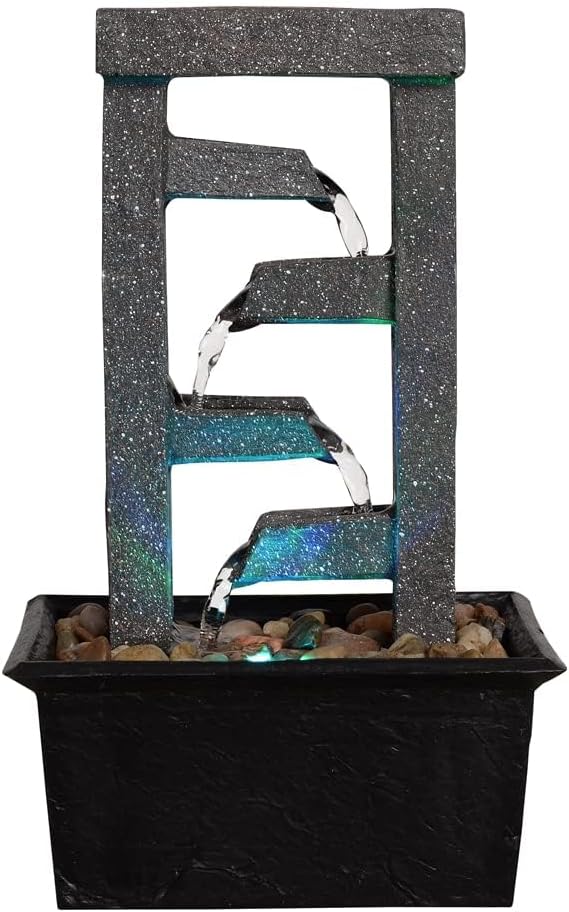 GOSSI 10" H 4 Tiered Cascading Rectangle Indoor Desktop Fountain with Natural River Rocks and RGB Color Changing LED Lights Home/Office Decoration Meditiation Resin waterfull Tabletop Fountain - Bloomnest