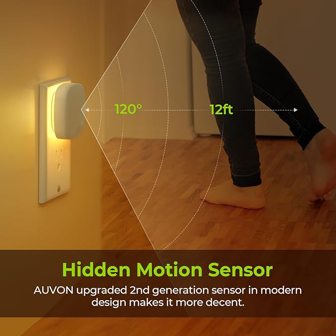 AUVON Plug-in LED Backlit Night Light with Motion Sensor & Dusk to Dawn Sensor, Dimmable Warm White Nightlight with 1-50 lm Adjustable Brightness for Bedroom, Bathroom, Stairs, Hallway (4 Pack) - Bloomnest