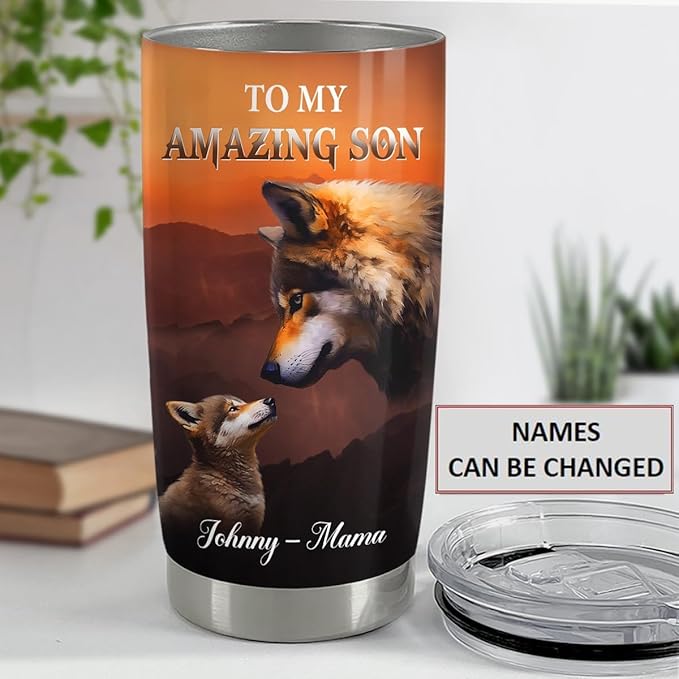 SANDJEST Personalized Wolf Tumbler To Son From Mom 20oz 30oz Tumblers with Lid Gift for Son Christmas Birthday - Bloomnest
