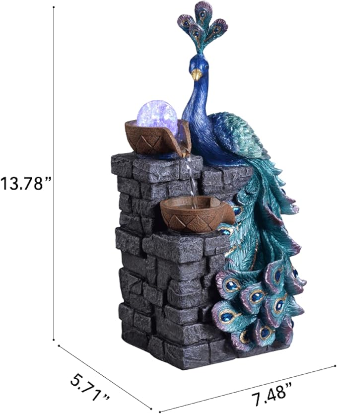 Tabletop Water Fountain Decor, Peacock with LED Glass Color Changing Globe,Relaxation Decorative Desktop Water Zen Fountain for Home/Office,Living Room Décor.13.78" Tall
