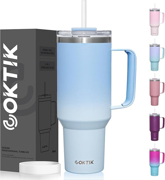 COKTIK 40 oz Tumbler With Handle and Straw Lid, Vacuum Insulated Travel Coffee Mug Stainless Steel Insulated Cup for Beverages, Leak-proof, Cupholder Friendly (Silent Sky) - Bloomnest