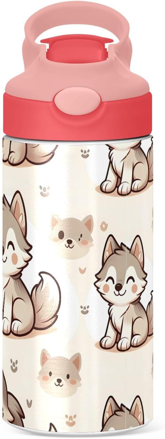 Cute Wolf Dog Kids Insulated Water Bottle, Toddlers Tumbler Travel Cup with Straw & Handle Stainless Steel Cup for Travel School Girls 12 oz - Bloomnest