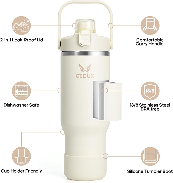 32 oz Stainless Steel Tumbler with Handle and Straw, Vacuum Insulated Water Bottle with 2-in-1 Lid (Chug/Straw) and Silicone Boot，Keeps Drinks Hot and Cold - Bloomnest