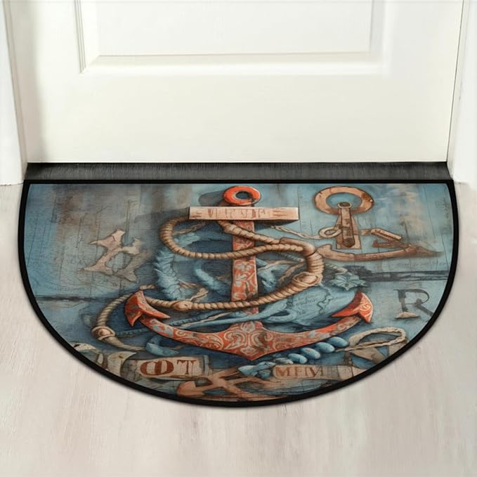Half Round Door Mat, Nautical Anchor Non-Slip Half Circle Area Rug Wooden Anchor Doormat Washable Durable Home Decor Half Moon Rug for Floor Indoor Outdoor Living Room Bedroom Kitchen Patio - Bloomnest