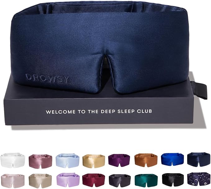 DROWSY Silk Sleep Mask - Face-Hugging, Padded Cocoon for Luxury Sleep in Total Darkness - 100% Pure Mulberry Silk, Skin-Hydrating & Adjustable (Midnight Blue)