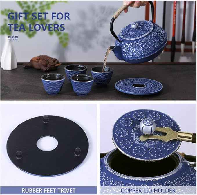Ufine Blue Floral Cast Iron Teapot Set Japanese Style Tetsubin Tea Kettle with 4 Cups, Stainless Steel Infuser for Stove Top Tea Brewing 28 oz - Bloomnest
