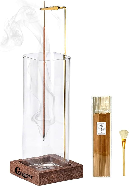 Ceremony Incense Holder, Wooden Incense Holder for Sticks with Glass Ash Catcher, Anti-ash Incense Burner with 20 Incense Sticks and a Ash Brush for Meditation Yoga Spa Room Decor - Bloomnest