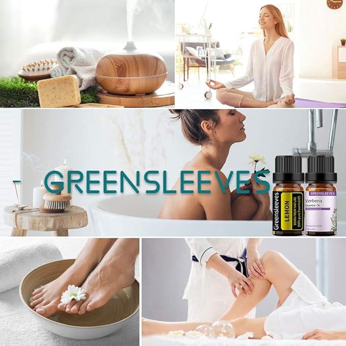 GREENSLEEVES Verbena Lemon Essential Oil Set, 2 x 10ml Pure Plant-Based Fragrance Oil for Aromatherapy, Essential Oils for Diffuser, Massage, Bath Bomb, Scented Candle Soap Making GREENSLEEVES