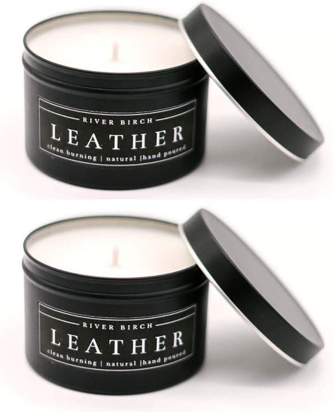 River Birch Leather Scented Candle 2-Pack | Premium, All-Natural, Non-Toxic Soy | Two 8 oz. Black Matte Tin Travel Candles | Cozy Relaxing Gifts for Home - Bloomnest