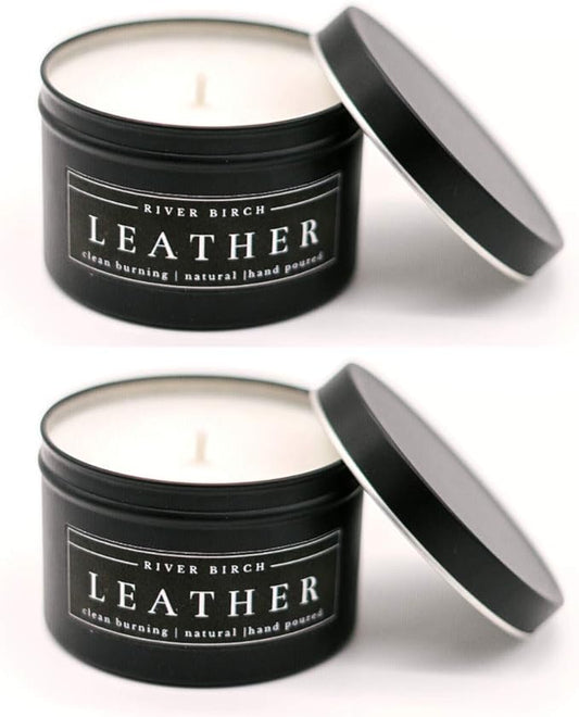 River Birch Leather Scented Candle 2-Pack | Premium, All-Natural, Non-Toxic Soy | Two 8 oz. Black Matte Tin Travel Candles | Cozy Relaxing Gifts for Home - Bloomnest